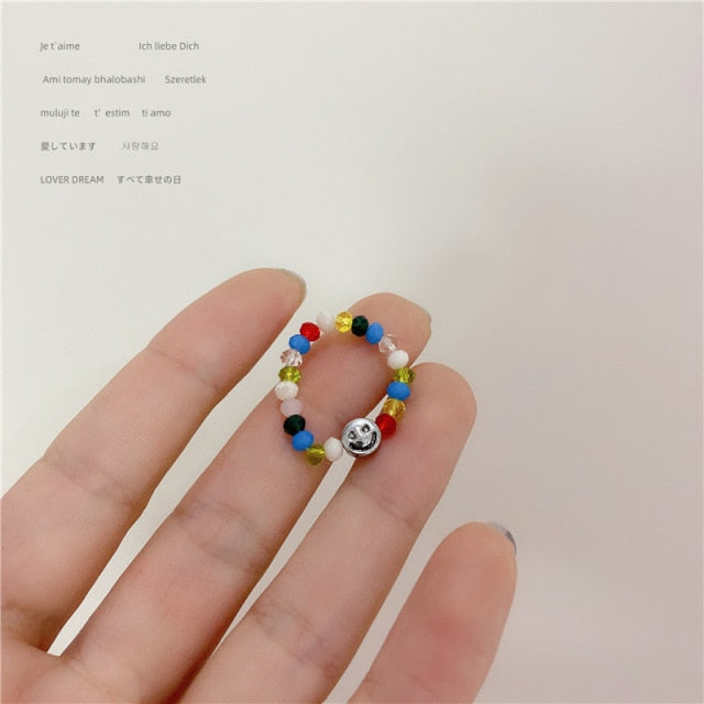 AOMU 2020 Fashion Crystal Beaded Rings Cute Minimalist Coloful Beads Geometric Stacked Fine Rings for Women Party Gift Jewelry