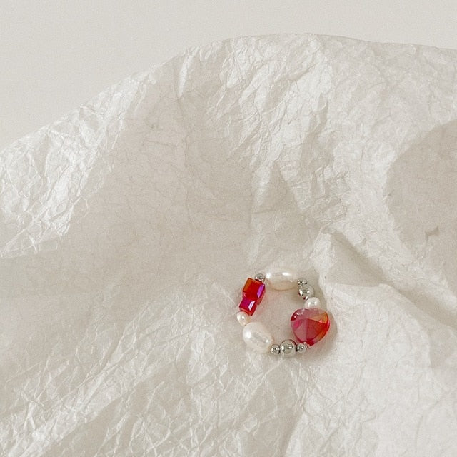 AOMU 2020 Fashion Crystal Beaded Rings Cute Minimalist Coloful Beads Geometric Stacked Fine Rings for Women Party Gift Jewelry