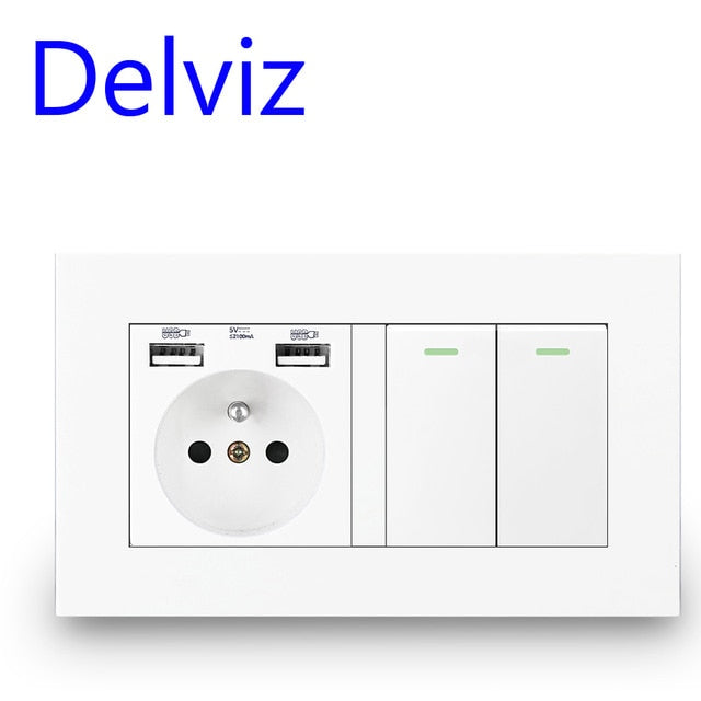 Delviz French Standard Socket, AC 100~250V, Dual USB Charger Port for Mobile, White With switch panel, 16A Wall Power USB Socket