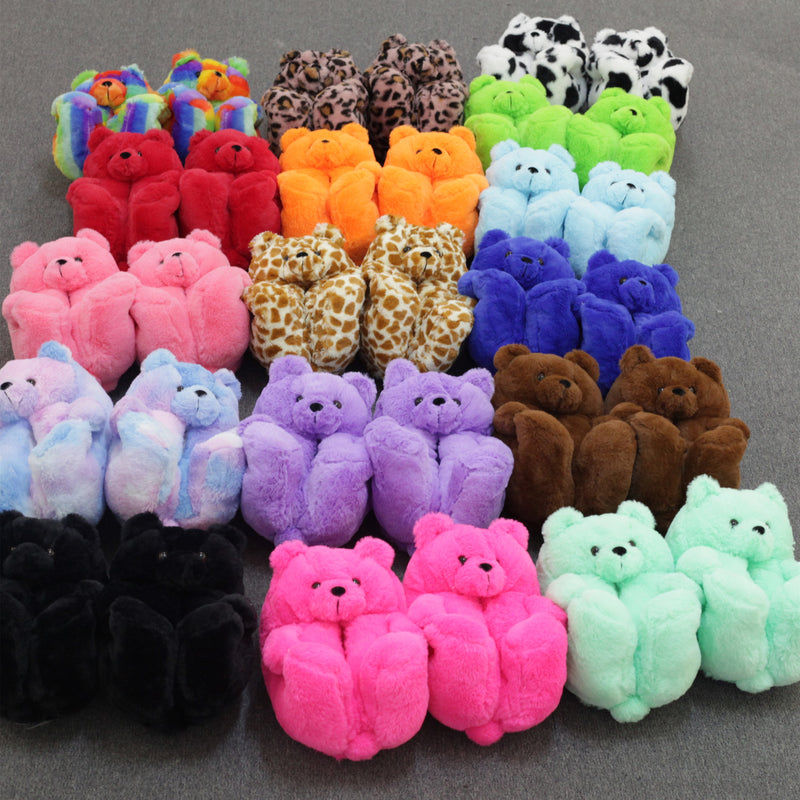 Teddy Bear women christmas plush slippers Cartoon Cute Bear House Slipper Furry Faux Fur Slides Woman Furry Flip Flop Shoes