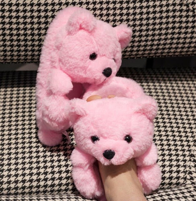 Teddy Bear women christmas plush slippers Cartoon Cute Bear House Slipper Furry Faux Fur Slides Woman Furry Flip Flop Shoes