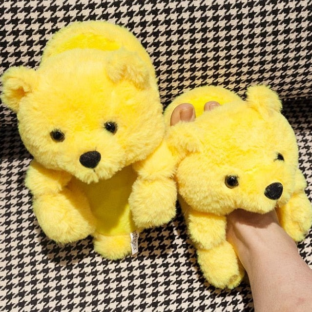 Teddy Bear women christmas plush slippers Cartoon Cute Bear House Slipper Furry Faux Fur Slides Woman Furry Flip Flop Shoes