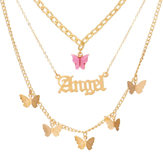 2021 Vintage Multilayer Acrylic Butterfly Choker Necklace Fashion Women Letter Golden Chain Layered Necklace Jewelry Party Gift