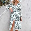 Simplee Elegant Green Leaf Print Dress Sexy Spring Long-sleeved V-neck Women Dresses 2021 Office Wrap Lace-up A-line Vestidos