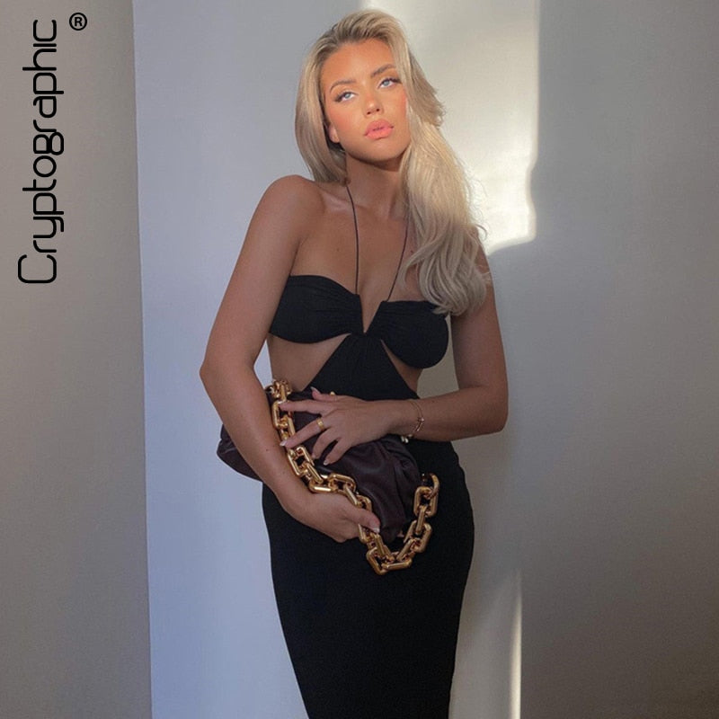 Cryptographic 2021 Summer Spaghetti Strap Halter Sexy Backless Midi Dress Elegant Bandage Sleeveless Club Party Dresses Bodycon