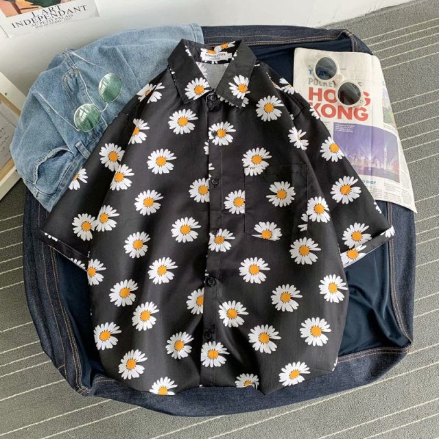 Daisy Printed Hawaiian Beach Shirt for Men 2020 Summer Short Sleeve 3XL Aloha Shirts Mens Holiday Vacation Clothing Chemise