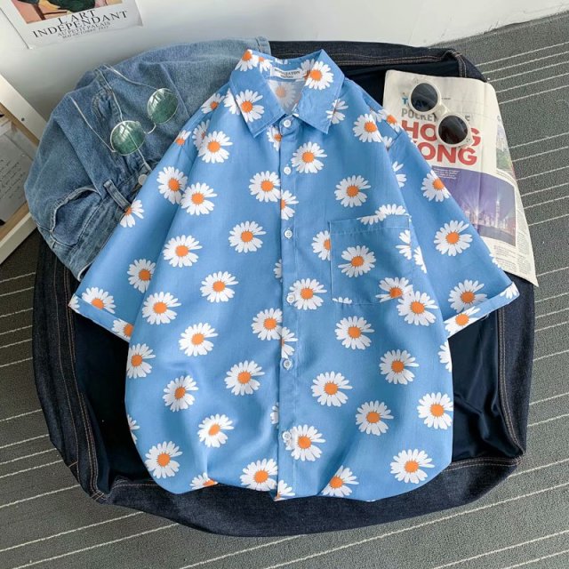 Daisy Printed Hawaiian Beach Shirt for Men 2020 Summer Short Sleeve 3XL Aloha Shirts Mens Holiday Vacation Clothing Chemise