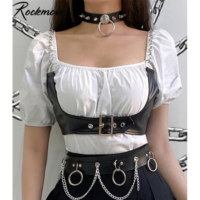 Rockmore Gothic PU Leather Corset Women Lace Up Crop Top Punk Style Corselet Wear Out Bustiers Cummerbunds Tops Streetwear mujer