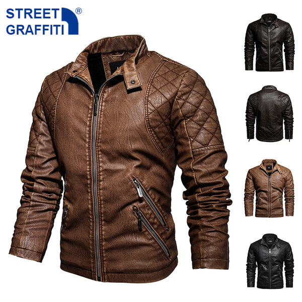 2021 Mens Motorcycle Jacket Autumn Winter Men New Faux PU Leather Jackets Casual Embroidery Biker Coat Zipper Fleece Jacket