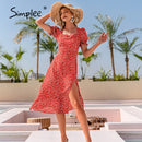 Simplee Sexy V-neck Split Summer Women Dress 2021 Fashion Blue Dot print Asymmetrical Midi Sundress Elegant Puff Sleeve Vestidos