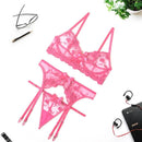 Embroidery Sexy Lingerie Women Thin Transparent Lace Push up Bra Set  Bra+Garters+Thong 3 Piece Set See Through Underwear