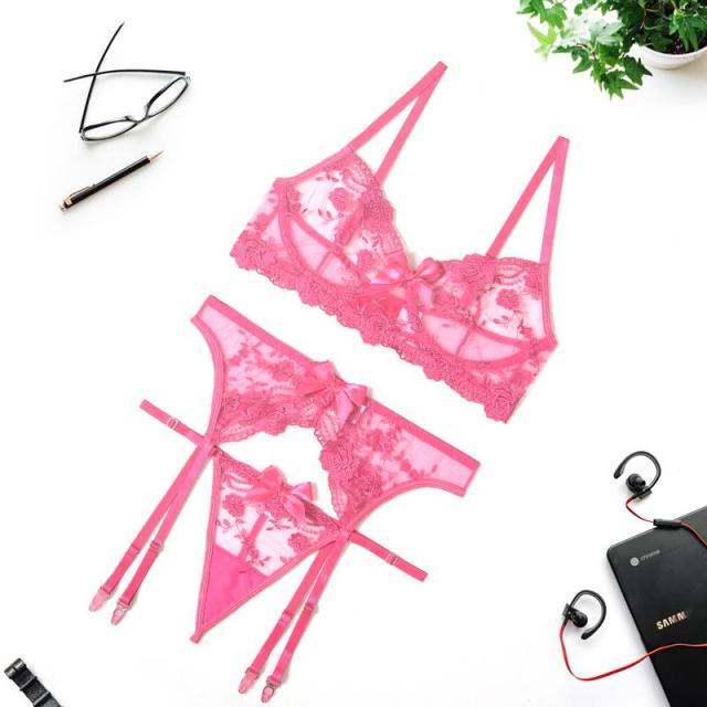 Embroidery Sexy Lingerie Women Thin Transparent Lace Push up Bra Set  Bra+Garters+Thong 3 Piece Set See Through Underwear