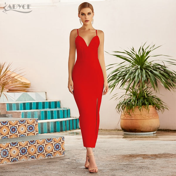 Adyce New Summer Women White Bodycon Bandage Dress Sexy V Neck Spaghetti Strap Club Celebrity Evening Runway Party Long Dresses