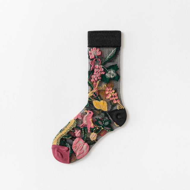 New Fashion Harajuku High Quality Creative Crystal Silk Tide Socks Sunflowers Vines Flowers Animal Fruit Glass Silk Women SockS
