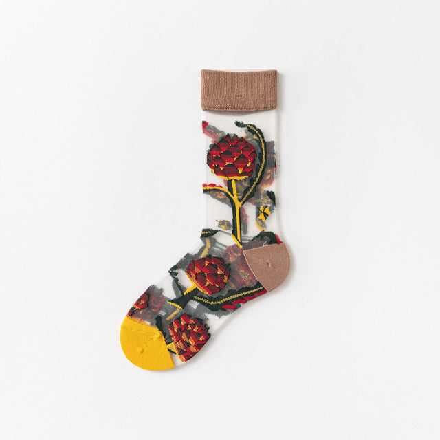 New Fashion Harajuku High Quality Creative Crystal Silk Tide Socks Sunflowers Vines Flowers Animal Fruit Glass Silk Women SockS