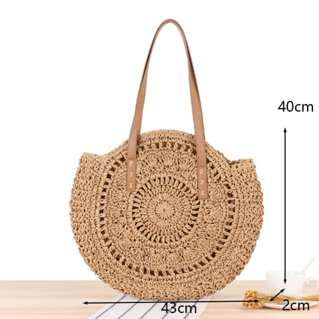 Round Straw Beach Bag Vintage Handmade Woven Shoulder Bag Raffia circle Rattan bags Bohemian Summer Vacation Casual Bags