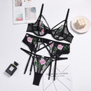 Yimunancy Floral Embrodiery Lace Lingerie 3 Piece Set Sexy Underwear Women Bra and Panties Sets Bra Lingeries Feminina