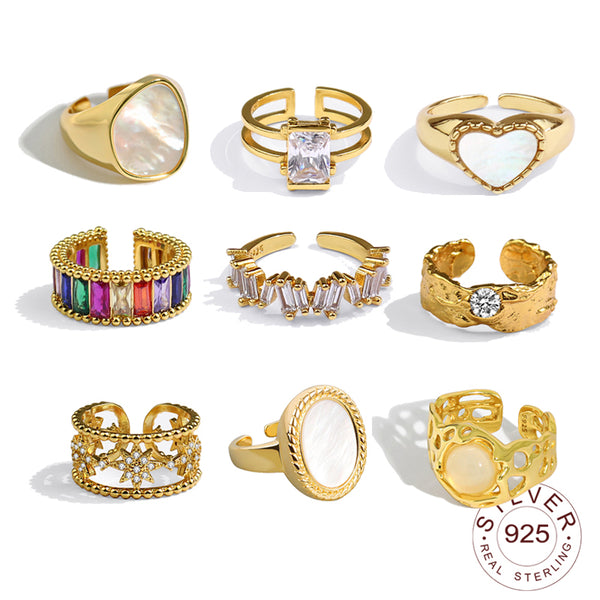 925 Sterling Silver Rings for Women Zircon V Gold Color Vintage Wedding Trendy Jewelry Large Adjustable Antique Rings Anillos