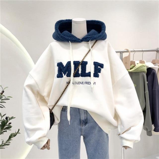 OUSLEE Fashion Patchwork Oversize Sweatshirt Women Winter Casual Loose Cotton Thick Letter Long Sleeve Hoodies Female Streetwear
