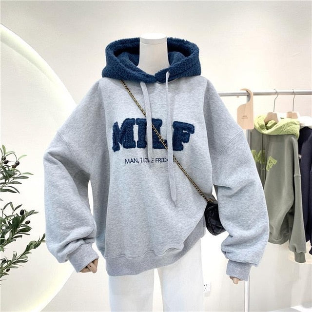 OUSLEE Fashion Patchwork Oversize Sweatshirt Women Winter Casual Loose Cotton Thick Letter Long Sleeve Hoodies Female Streetwear