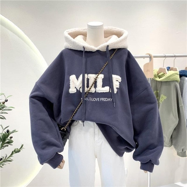 OUSLEE Fashion Patchwork Oversize Sweatshirt Women Winter Casual Loose Cotton Thick Letter Long Sleeve Hoodies Female Streetwear