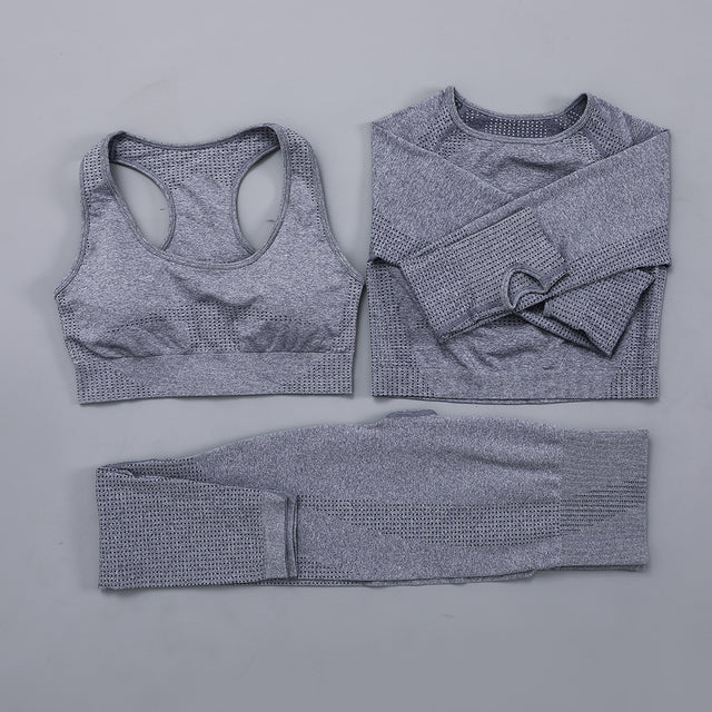 Seamless Women  yoga set Workout Gym Long Sleeve Fitness Crop Top High Waist Leggings Sport Clothing Suits