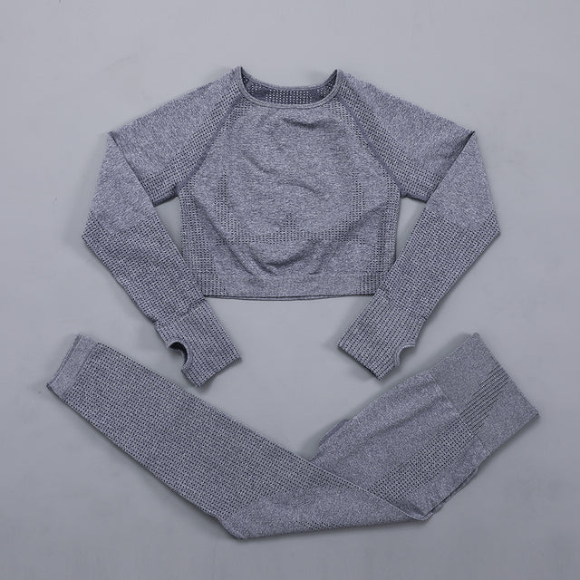 Seamless Women  yoga set Workout Gym Long Sleeve Fitness Crop Top High Waist Leggings Sport Clothing Suits