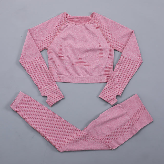 Seamless Women  yoga set Workout Gym Long Sleeve Fitness Crop Top High Waist Leggings Sport Clothing Suits