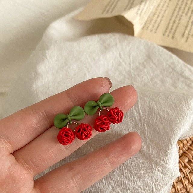 AOMU 2020 New Japan Korean Cherry Fruit Shaped Drop Earrings For Women Sweet Girls Cute Brincos Line Pendientes Jewelry Gifts