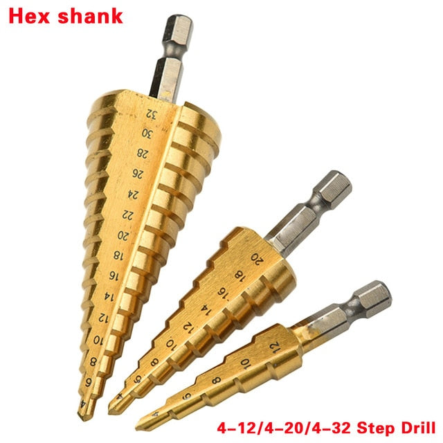 HSS Steel Titanium Step Drill Bit Hand Tool Sets 3-12 4-12 4-20 4-32mm Step Cone Cutt Woodworking Wood Metal Drill Bit Set