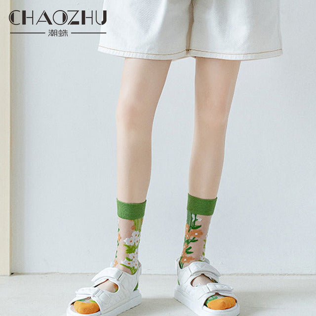 CHAOZHU Girls Cute Cartoon Fruits Sheer Kawaii Lady Women Summer Fall Avocado Lemon Pineapple Cherry Jacquard Socks Female