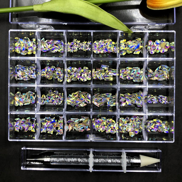 400/480PCS Crystal AB Rhinestone In Grids 20PC/Shape Flat- Back Nail Art Rhinestone Gem With 1 Pick Up Pen In Clear Big Box H&*&