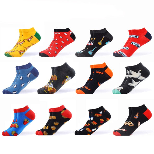 SANZETTI 6-12 Pairs/Lot Men's Ankle Socks Casual Novelty Colorful Summer Happy Combed Cotton Short Socks Plaid Dress Boat Socks