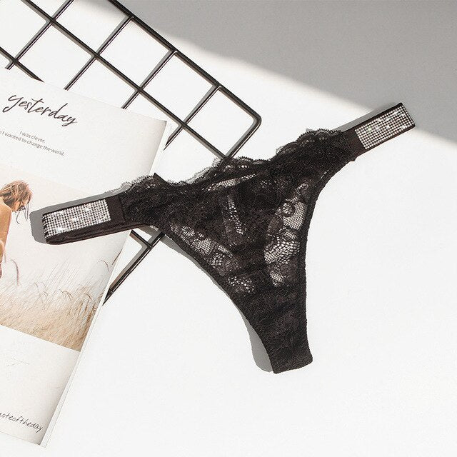 Sexy Women Underwear Rhinestone Letter Thongs Lace Transparent T Back for Female Low Rise Soft Ladies Panties Black Lingerie