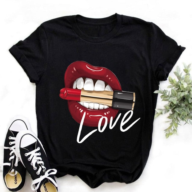 ZOGANKIN Summer Fashion Shirt Lips Leopard Graphic T Shirt Women Tops Base O-neckBlack Tees Kiss Leopard Lip Funny Girls Tshirt