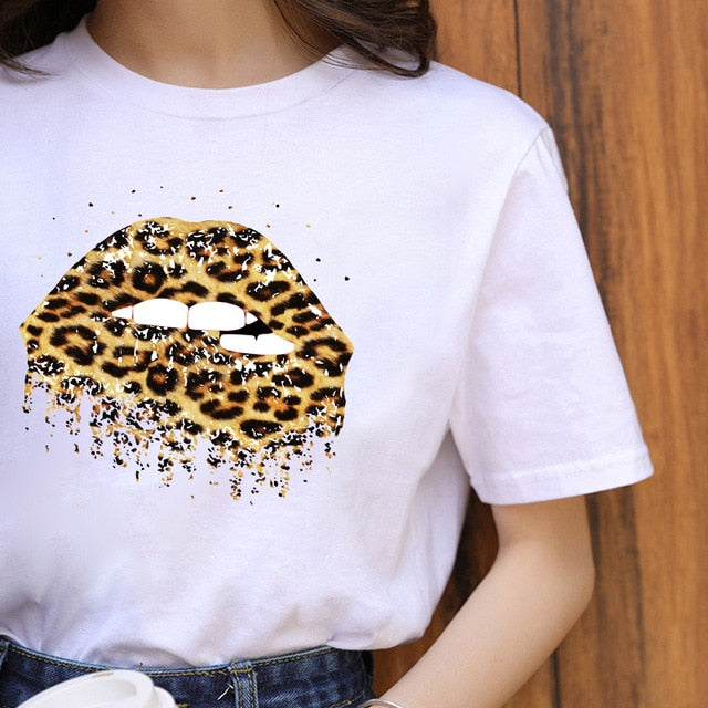 ZOGANKIN Summer Fashion Shirt Lips Leopard Graphic T Shirt Women Tops Base O-neckBlack Tees Kiss Leopard Lip Funny Girls Tshirt