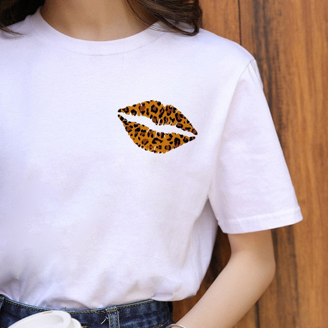 ZOGANKIN Summer Fashion Shirt Lips Leopard Graphic T Shirt Women Tops Base O-neckBlack Tees Kiss Leopard Lip Funny Girls Tshirt