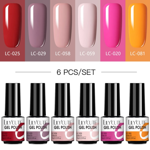 LILYCUTE 2/4/6 Pcs Gel Nail Polish Set 136Color Glitter Semi Permanent Hybrid Gel Varnish Base Top Coat Soak Off UV LED Nail Art