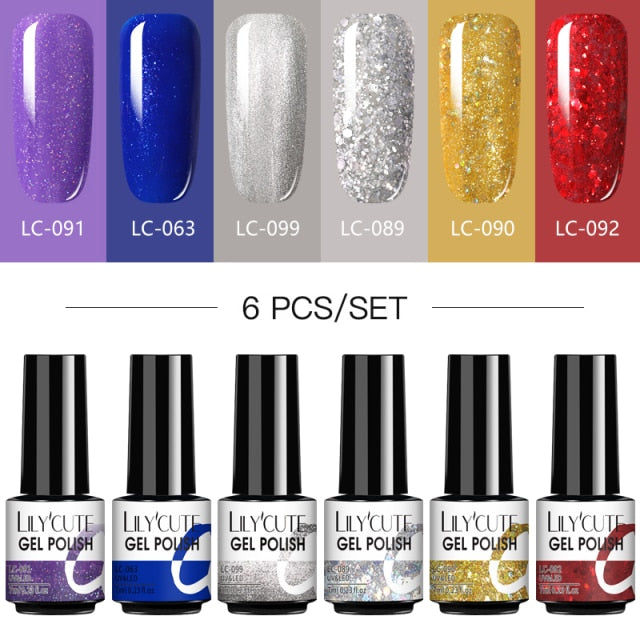 LILYCUTE 2/4/6 Pcs Gel Nail Polish Set 136Color Glitter Semi Permanent Hybrid Gel Varnish Base Top Coat Soak Off UV LED Nail Art