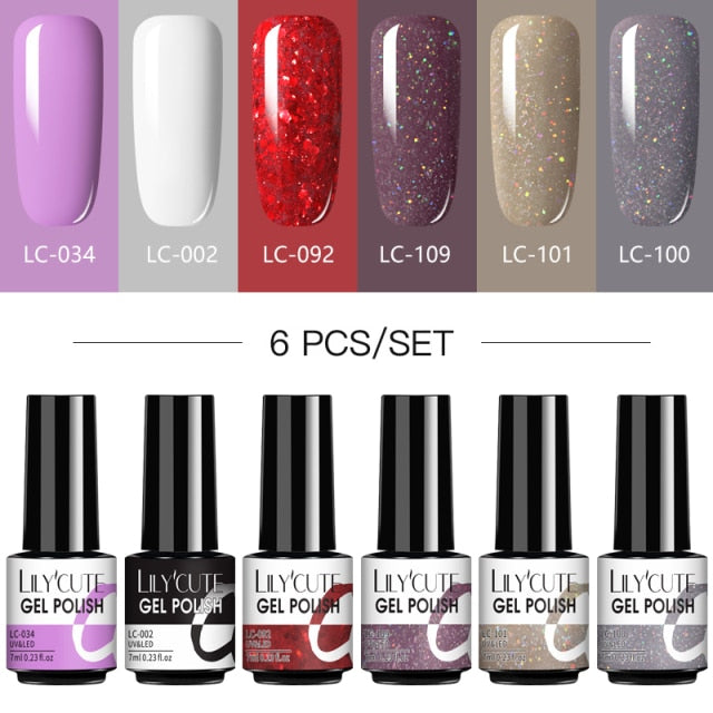 LILYCUTE 2/4/6 Pcs Gel Nail Polish Set 136Color Glitter Semi Permanent Hybrid Gel Varnish Base Top Coat Soak Off UV LED Nail Art