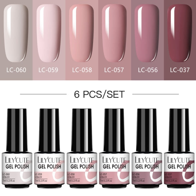 LILYCUTE 2/4/6 Pcs Gel Nail Polish Set 136Color Glitter Semi Permanent Hybrid Gel Varnish Base Top Coat Soak Off UV LED Nail Art