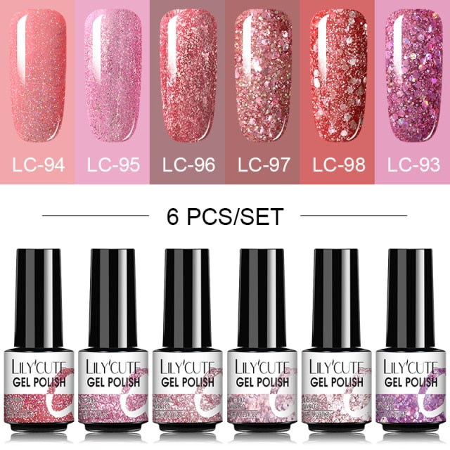 LILYCUTE 2/4/6 Pcs Gel Nail Polish Set 136Color Glitter Semi Permanent Hybrid Gel Varnish Base Top Coat Soak Off UV LED Nail Art