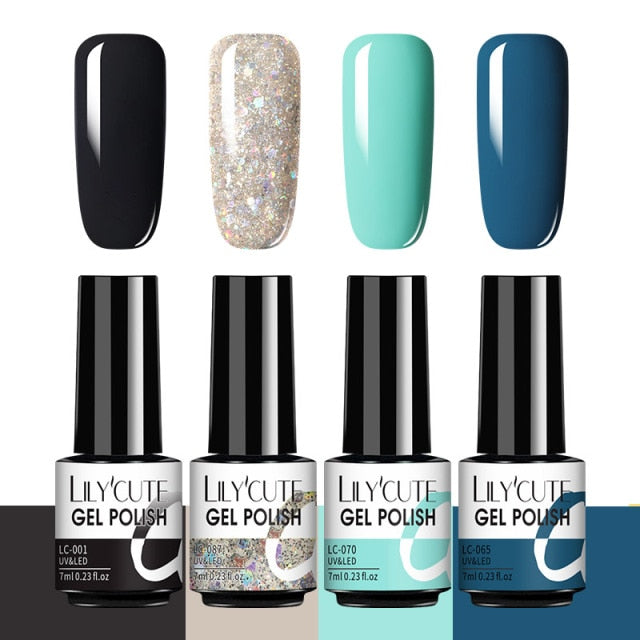 LILYCUTE 2/4/6 Pcs Gel Nail Polish Set 136Color Glitter Semi Permanent Hybrid Gel Varnish Base Top Coat Soak Off UV LED Nail Art