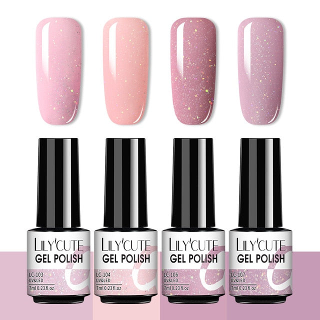 LILYCUTE 2/4/6 Pcs Gel Nail Polish Set 136Color Glitter Semi Permanent Hybrid Gel Varnish Base Top Coat Soak Off UV LED Nail Art