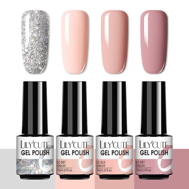 LILYCUTE 2/4/6 Pcs Gel Nail Polish Set 136Color Glitter Semi Permanent Hybrid Gel Varnish Base Top Coat Soak Off UV LED Nail Art