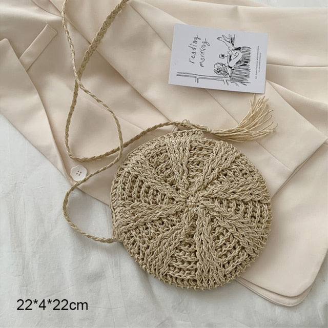 Round Straw Beach Bag Vintage Handmade Woven Shoulder Bag Raffia circle Rattan bags Bohemian Summer Vacation Casual Bags