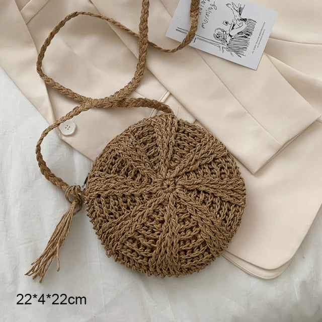 Round Straw Beach Bag Vintage Handmade Woven Shoulder Bag Raffia circle Rattan bags Bohemian Summer Vacation Casual Bags