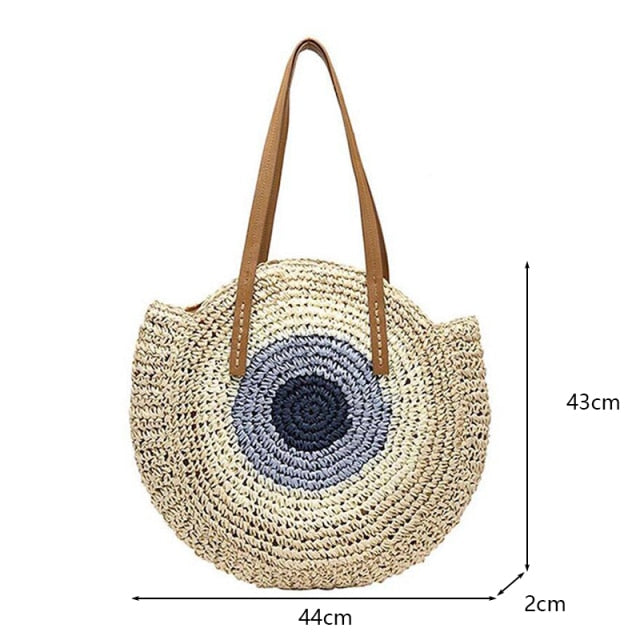 Round Straw Beach Bag Vintage Handmade Woven Shoulder Bag Raffia circle Rattan bags Bohemian Summer Vacation Casual Bags