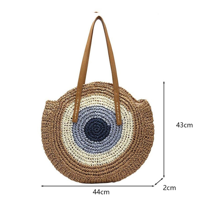 Round Straw Beach Bag Vintage Handmade Woven Shoulder Bag Raffia circle Rattan bags Bohemian Summer Vacation Casual Bags