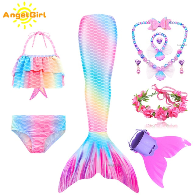 AngelGirl 2021 Girls Swimmable Mermaid Tail Princess Dress with Monofin Kids Holiday Mermaid Costume Cosplay Swimsuit Birthday
